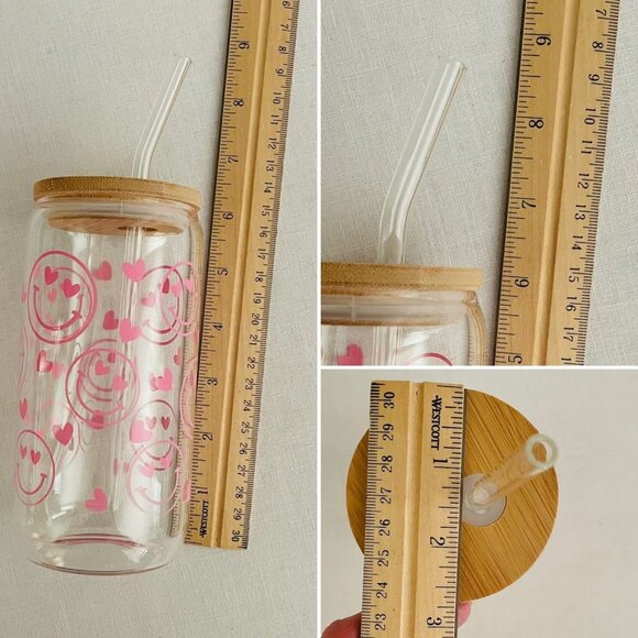 Pink Smiley Face Glass Tumbler 16 oz with Hearts Bamboo Lid and Glass Straw - Picture 5 of 10
